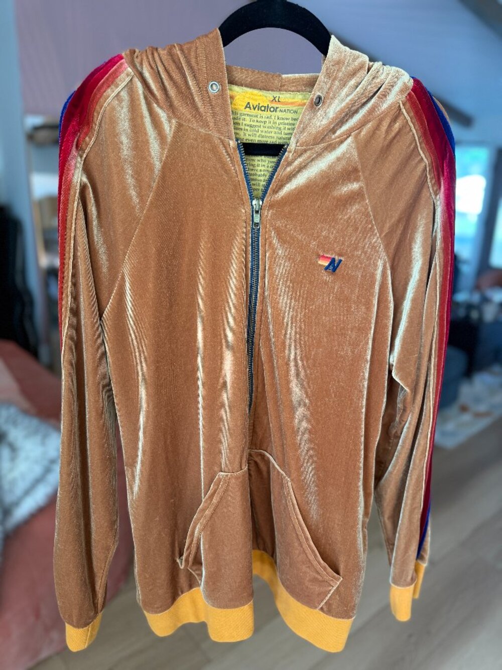 Aviator Nation Camel Velvet 5 Stripe Zip Hoodie XL Velour (No Drawstring)